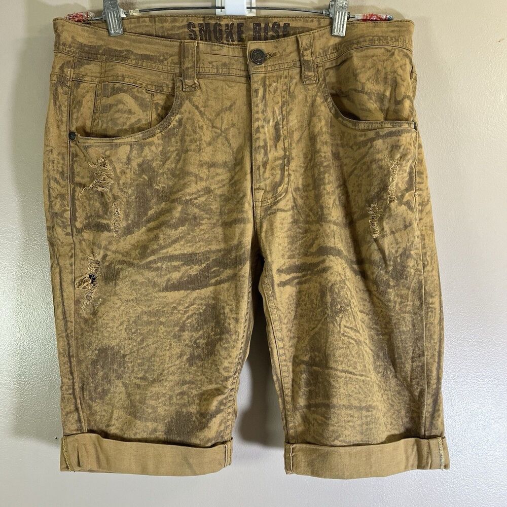 Smoke Rise Denim Shorts Brown Distressed Size 34 Hip Hop Rolled Cuff Stretch